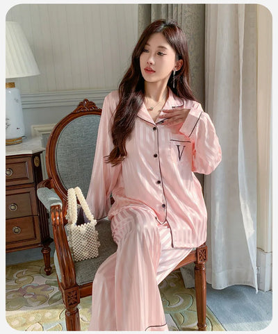 Women's Ice Silk Pajama Set Long Sleeve Long Pants Lightweight Sleepwear for Spring And Autumn Comfortable Homewear Pj Set - Smarsty