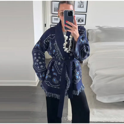 Tassel Patchwork Printed Cardigan Women Geometric Patterns Belts V-neck Long Sleeve Knitted Street Lady Sweater 2025 Autumn Coat - Smarsty