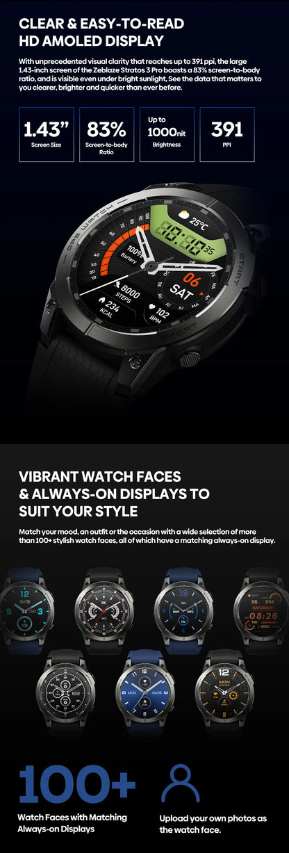 Zeblaze Stratos 3 Pro GPS Smart Watch with AMOLED Display - Smarsty