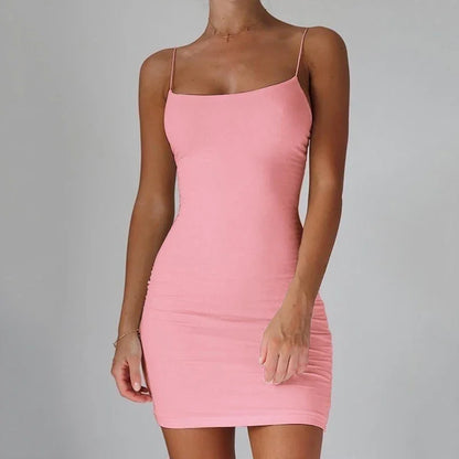 Summer Spaghetti Strap Mini Dress 2025 Women Sexy Bodycon Club Party Dresses Short Female Camisole Solid Black Sheath Sundress - Smarsty