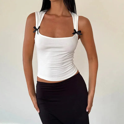 Y2K Women'S Bow Tie-Up Tank Tops Wide Shoulder Straps Bandage Camisole Sexy Low Cut Crop Tops Female Vest Tops - Smarsty
