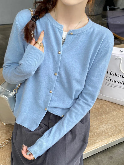 Solid Color Knitted for Women Cardigan Korean Single Breasted Long Sleeve Jumper Woman Round Neck All Match Cardigans Outwear - Smarsty