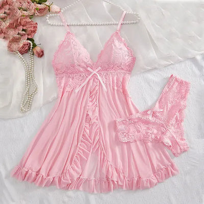Summer Sexy Lingerie Dress Women Lace See Through Nightdress Sleepwear Solid Slim Soft V Neck Full Slip Sleepwear & Dresses - Smarsty