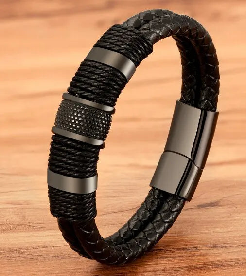 Vintage Woven Leather Wrap Bracelets For Men Durable Stainless Steel Wristbands - Smarsty
