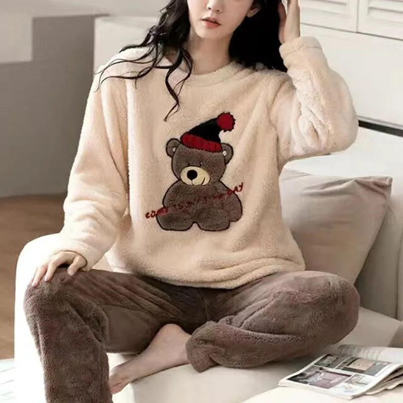 2pcs/Set Large Size Padded Thickened Warm Fall And Winter Women's Pajamas Long-Sleeved Long Pants Set Coral Velvet Cartoon Bear - Smarsty