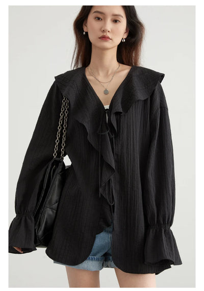 CHIC VEN Women Shirt Loose Casual Ruffled Edges Female Blouses V Neck Lace Up Mid Length Woman Shirts Spring Summer 2024 - Smarsty