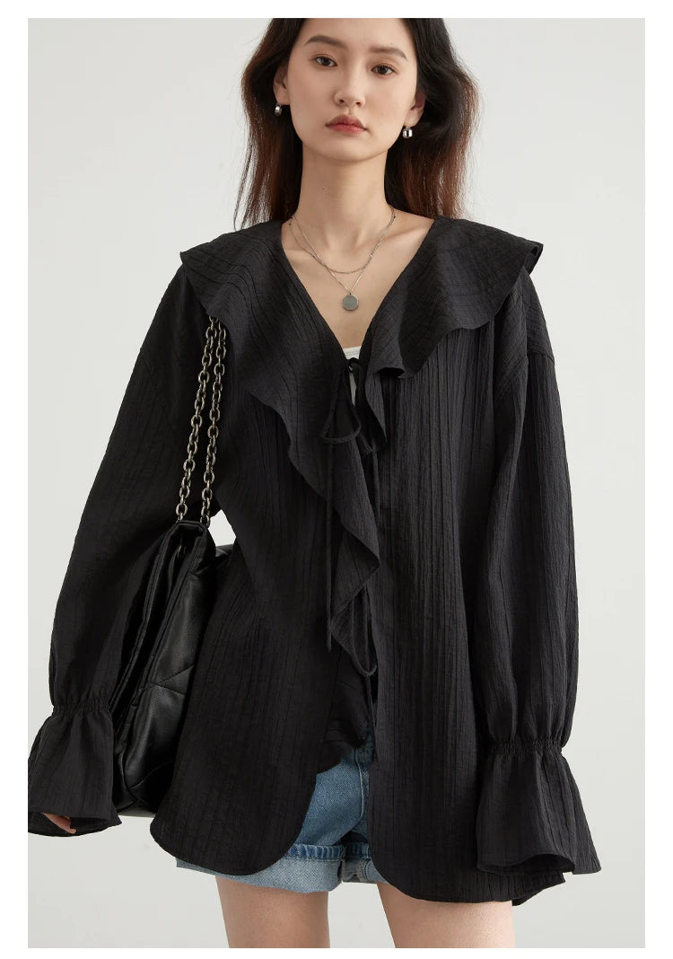 CHIC VEN Women Shirt Loose Casual Ruffled Edges Female Blouses V Neck Lace Up Mid Length Woman Shirts Spring Summer 2024 - Smarsty