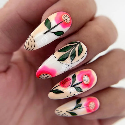 24 Piece Medium Long Fake Nails with Peach Flower Design - Smarsty
