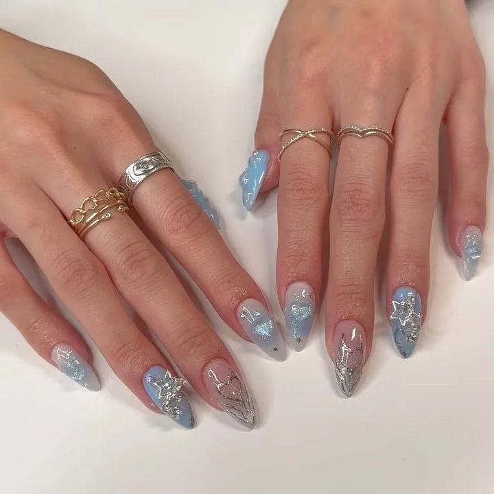 Romantic 24pcs Blue French Style Press On Nails - Smarsty