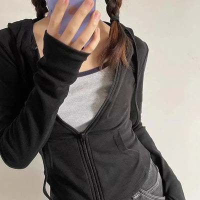 Lucyever Cropped Hooded Zip-Up Jacket Women Autumn New Slim Long Sleeve Y2K Sweatshirts Female Solid Streetwear Sports Hoodies - Smarsty