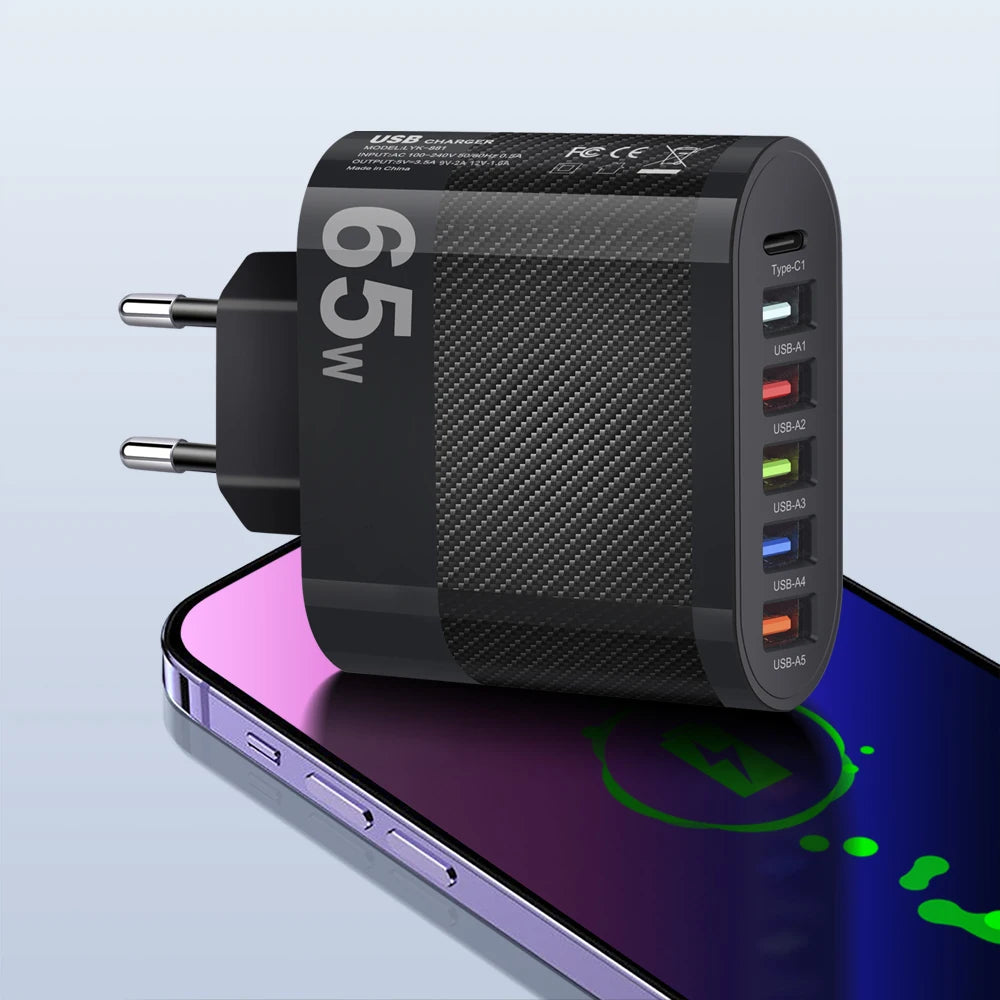 65W USB Charger Includes Six Ports Ultra Fast Type C - Smarsty
