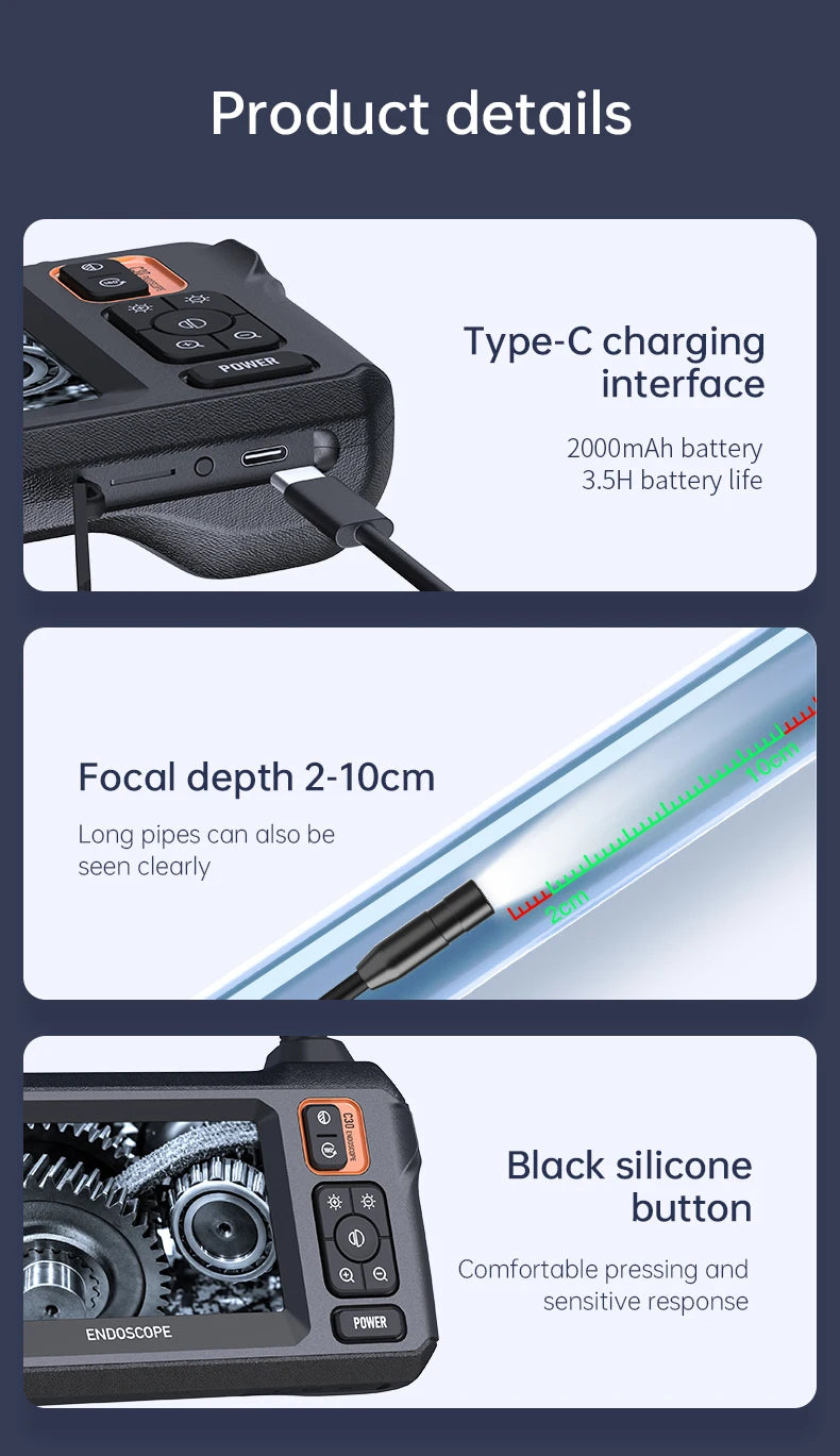 Industrial Endoscope Camera 8mm HD1080P 4.3inch IPS Screen 1080P Pipe Inspection Camera for Car Repair IP67 Waterproof 8 LEDS - Smarsty