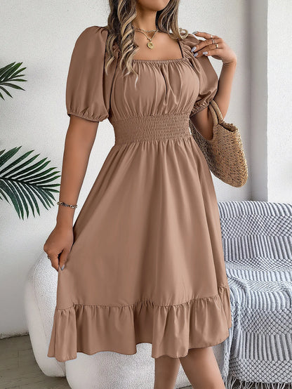 Women's MIidi Dresses 2024 Summer Casual Square Neck Short Sleeved Waist Ruffle Edge Dress Dress Women Elegant Платья Женские - Smarsty