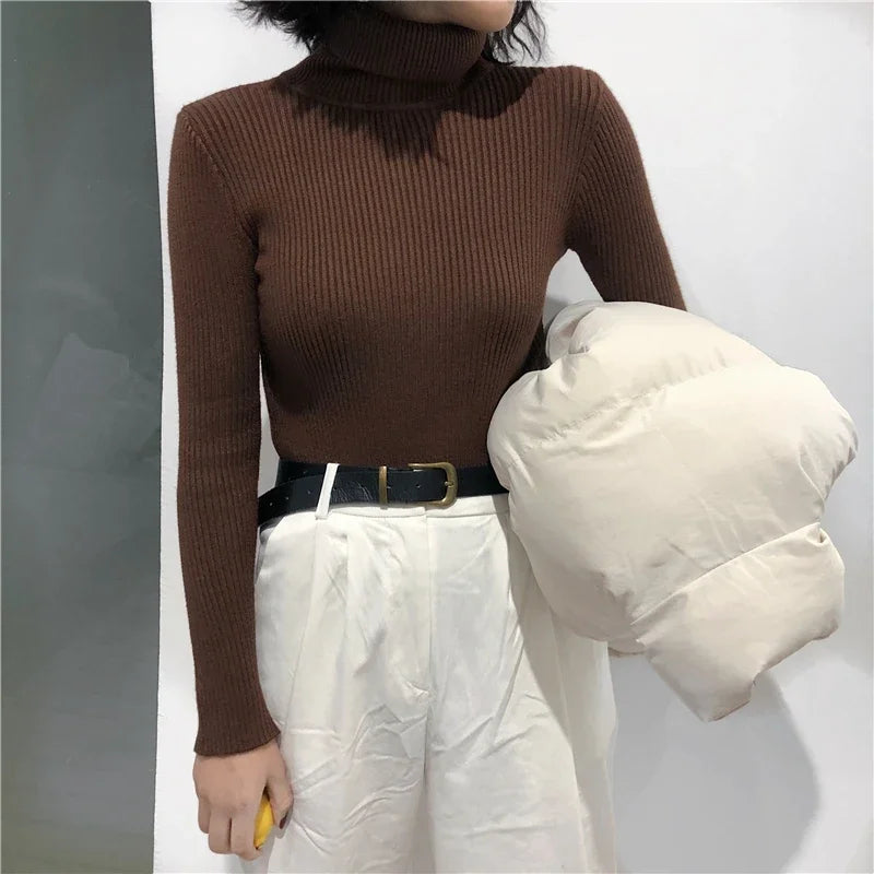 2024 Autumn Winter Thick Sweater Women Knitted Ribbed Pullover Sweater Long Sleeve Turtleneck Slim Jumper Soft Warm Pull Femme - Smarsty