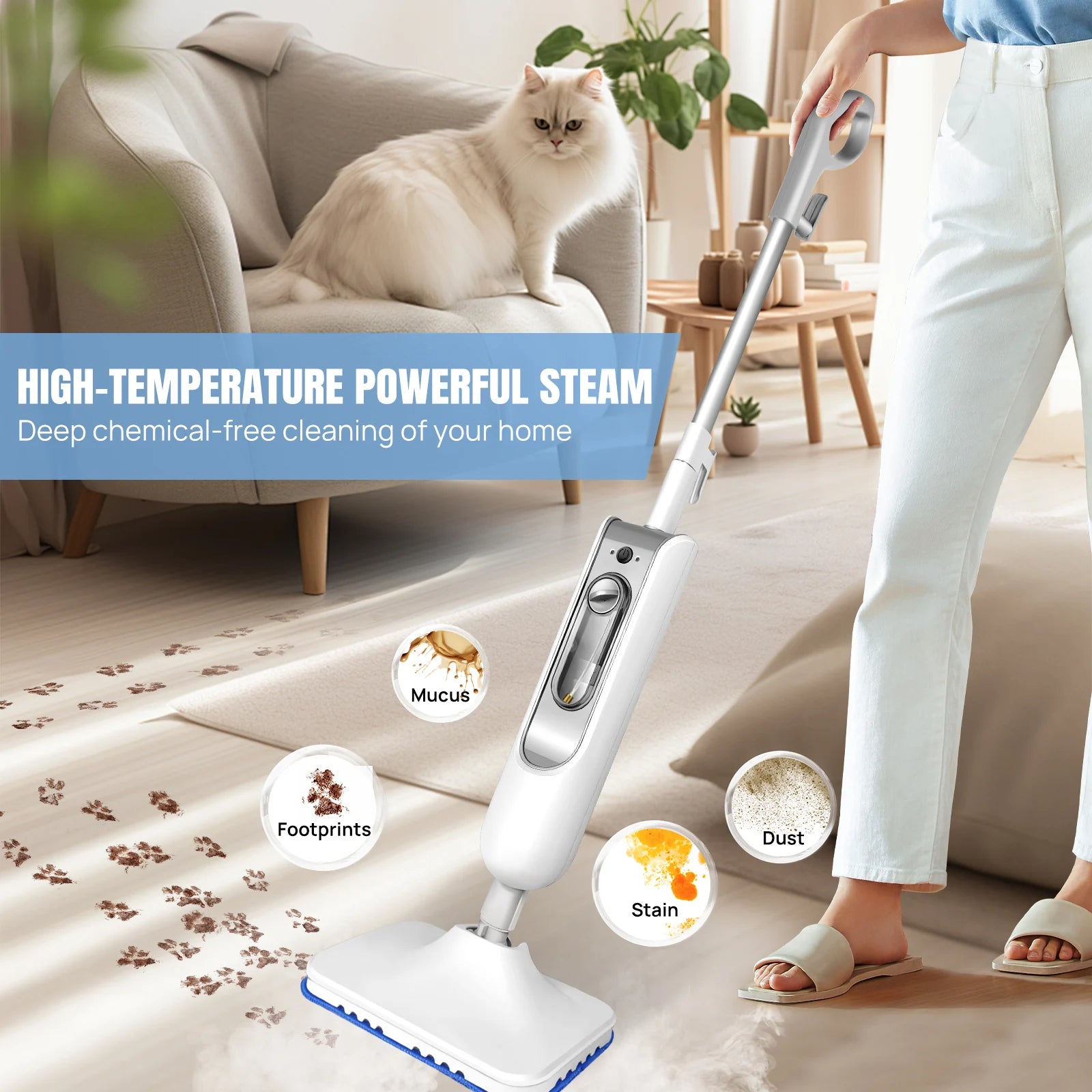 DayPlus Steam Mop & Detachable Steam Cleaner, 1500W Powerful Floor Steamer for Carpet Laminate Hardwood,2 Washable Pads, 400ml