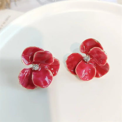 Enamel Flower Stud Earrings Cute Crystal Five Petal - Smarsty