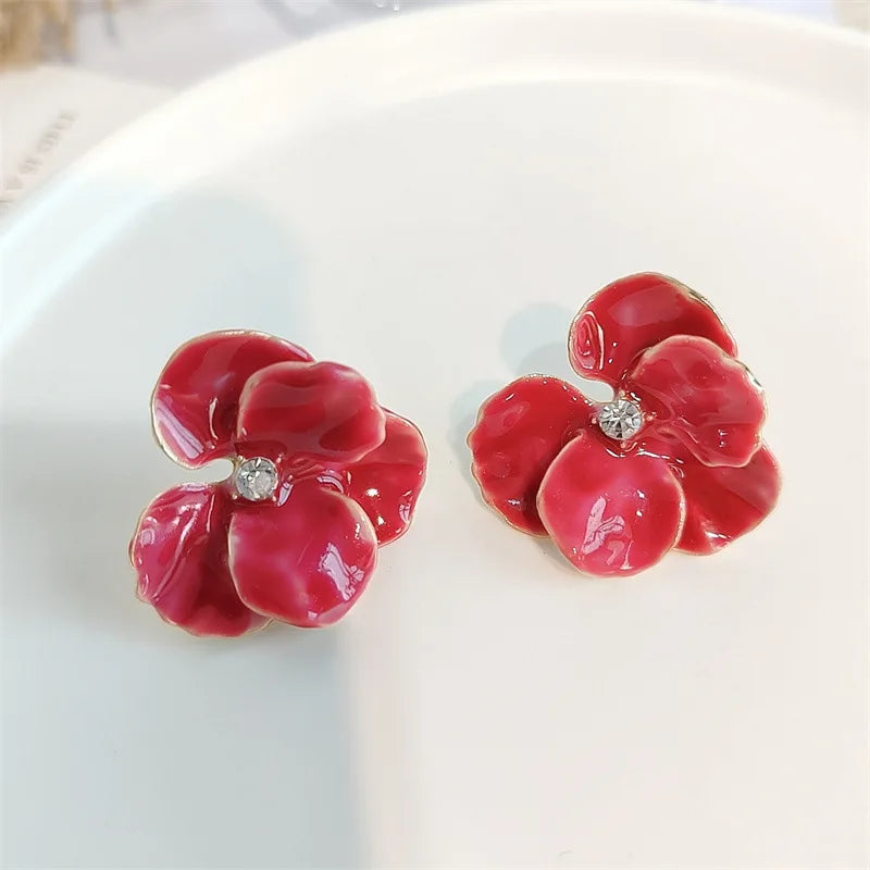 Enamel Flower Stud Earrings Cute Crystal Five Petal - Smarsty