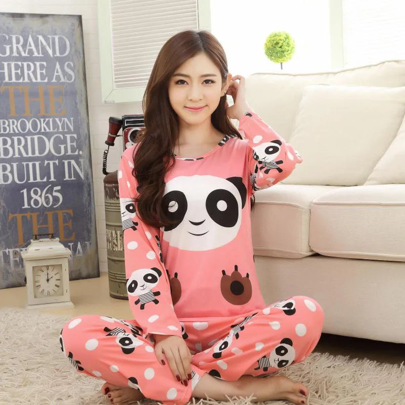 2PCS/Set Women Fashion Long-Sleeved Pajamas Fall and Winter Cartoon Love Bear Cute Soft Loose Casual Sleepwear Outside Homewear - Smarsty