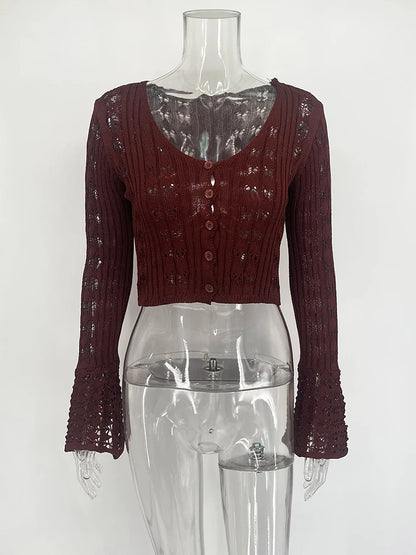 TARUXY Hollow Knitted Cardigan Women's Solid Long Sleeve V Neck Short Sweater Top Summer 2025 New Female Crochet Casual Outwear