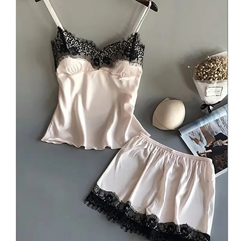 Women Pajama Suit Fashion V-Neck Lace Sexy Lingerie Pyjamas Sleep Shorts Set Sleepwear New - Smarsty