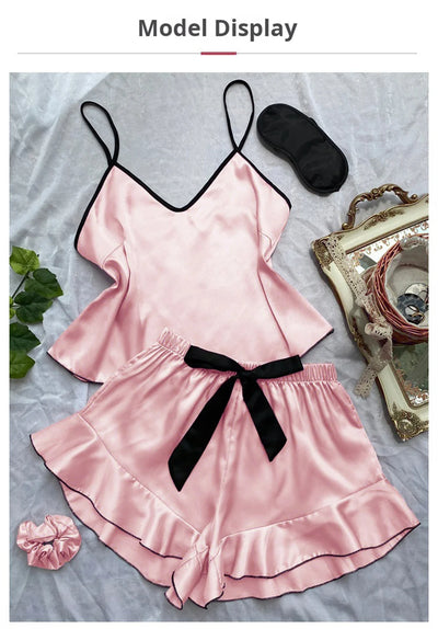 Women's Smooth Satin Pajamas V-Neck T-Shirt Ruffled Edges And Bow Shorts Simple And Breathable Pajama Set Sling Home Clothing - Smarsty