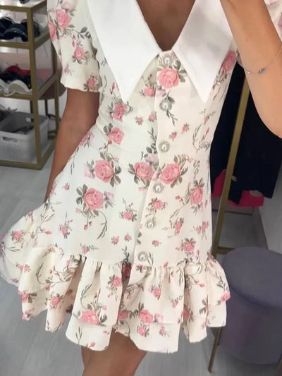Tornova Print Puff Sleeves Ruffled Dress Women's V-Neck High Waist Pearl Buttons Mini Dress Female Casual Vacation Fashion Dress - Smarsty