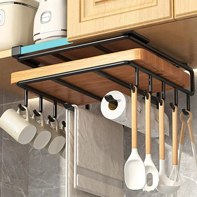 Kitchen Hanging Organizer Rack with Hooks Under Cupboard Paper Towel Rags Hanger Cutting Board Pot Cover Holder Storage Shelf by Smarsty