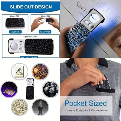 Portable Triplex Magnification Loupe 30X-90X-Slide-Out LED/UV Lighted Jewelry Magnifier for Precision Gemology & Micro-Engraving - Smarsty