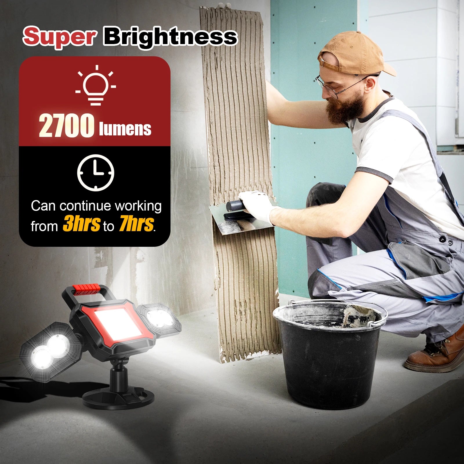 Rechargeable Work Light 25W 2700LM COB LED Magnetic Work Light with Battery Portable Waterproof Cordless Job Site Lighting
