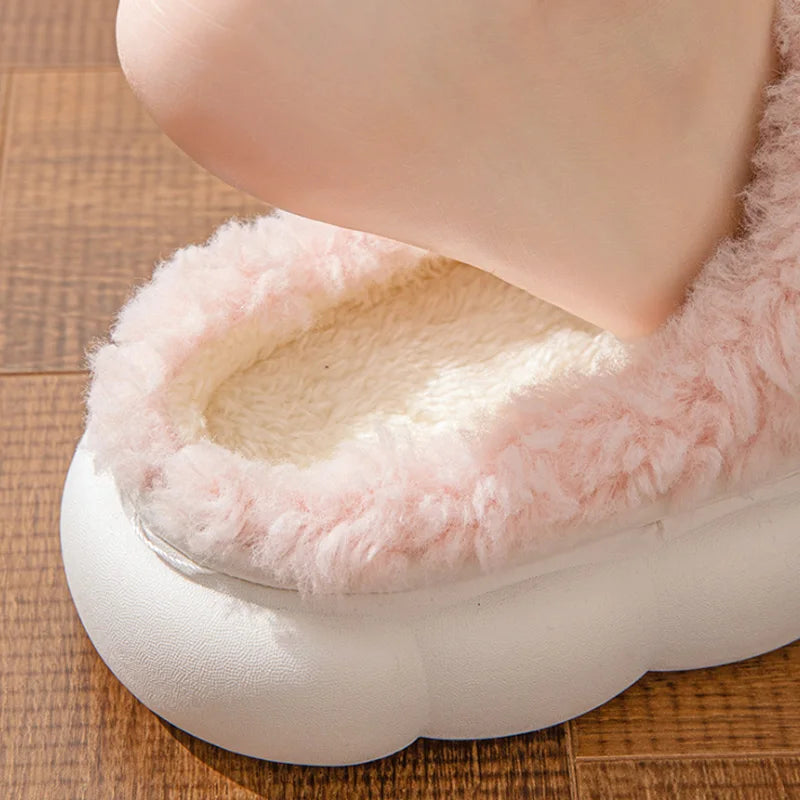 Winter Warm Fur Slippers for Women Cute bow House Non Slip Soft Shoes Comfort Flat Heel Home Indoor Bedroom Plush Slippers - Smarsty