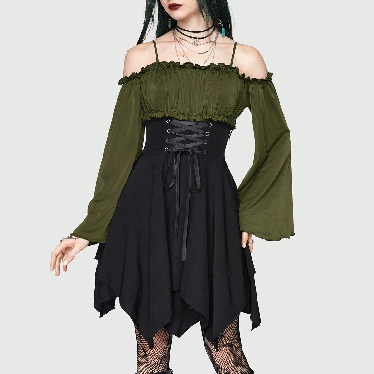 Mia Muse Women's Dresses Autumn Halloween Contrast Color Asymmetrical Hem Flounce Trim Lace Up Long Sleeve Off Shoulder Mini Dre - Smarsty