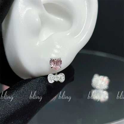 Stainless Steel Heart Bowknot Zircon Stud Earrings Cute - Smarsty