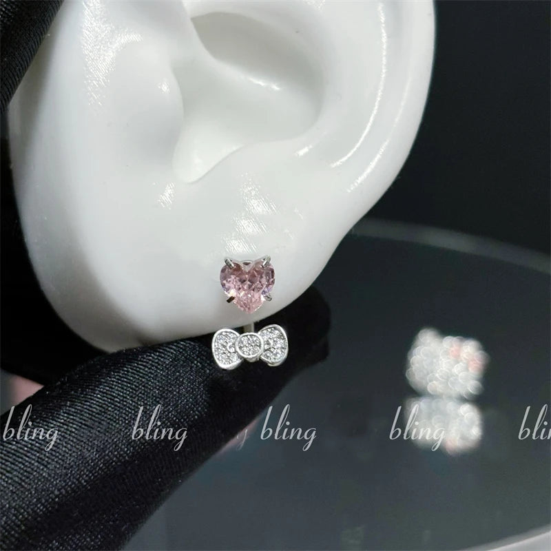 Stainless Steel Heart Bowknot Zircon Stud Earrings Cute - Smarsty