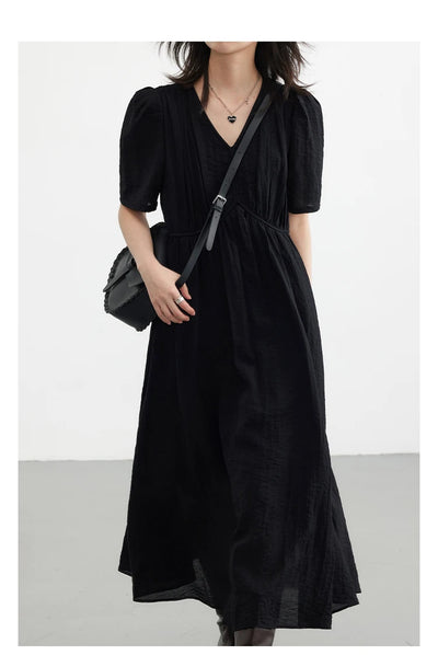 CHIC VEN Women Dresses French Style Vintage V-neck Puff Sleeve Long Dress Solid Black Loose Female Clothing Summer New 2023 - Smarsty