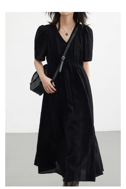 CHIC VEN Women Dresses French Style Vintage V-neck Puff Sleeve Long Dress Solid Black Loose Female Clothing Summer New 2023 - Smarsty