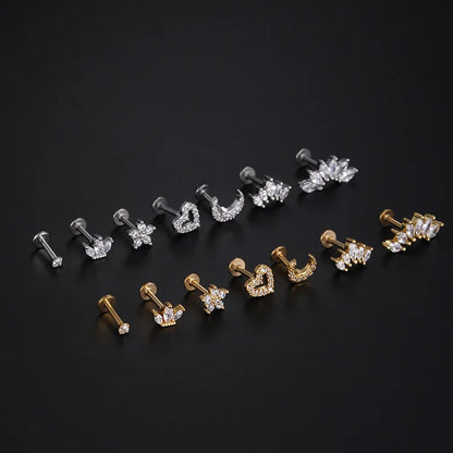 Heart Flower Cartilage Earrings Stainless Steel Zircon - Smarsty