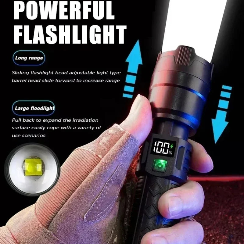 High Strong Power Led Flashlights 2000LM Tactical Torch with Display Light Rechargeable Camping Fishing Emergency Zoom Lantern