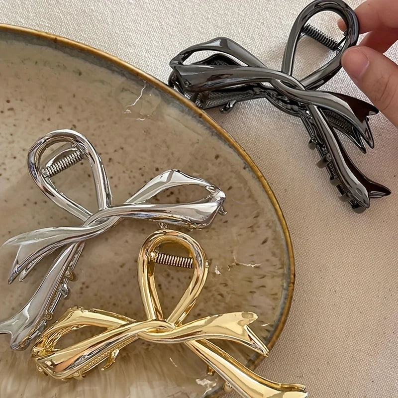 Vintage Ribbon Bow Metal Hair Claw Clips Strong Hold - Smarsty