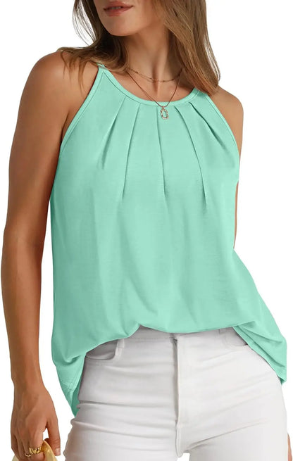 Womens Pleated Tank Tops Spaghetti Strap Camisole Halter Tops Curved Hem Fashion 2024