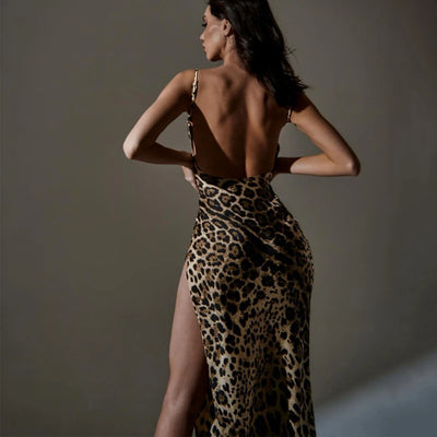 Hugcitar Leopard Print Swing Collar Sleeveless Sexy Maxi Slit Prom Dress Summer Women Fashion Y2K Clothes Party Beach Vacation - Smarsty