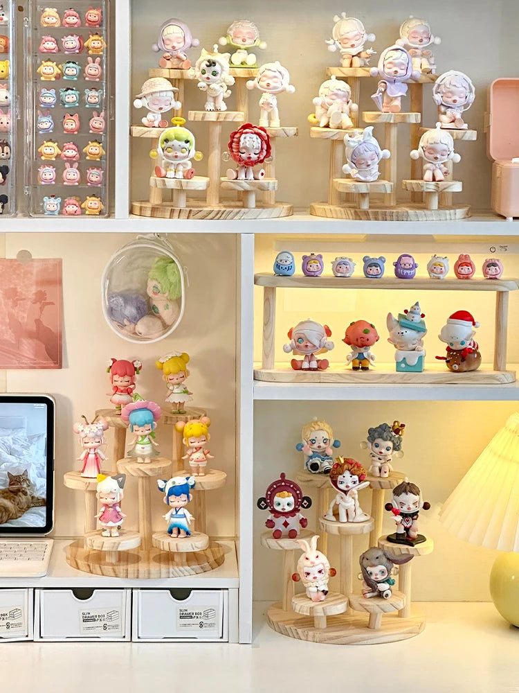Wooden Display Riser Stand Organizer Shelf Stand for Toys and Dolls Figure Display Cabinet Cute Dolls Storage Rack Decoration by Smarsty