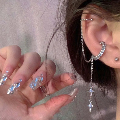 Shiny Silver Crystal Tassel Non-Piercing Ear Clip Earrings - Smarsty