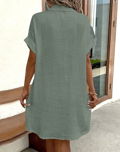 Women's Fashion Summer Minimalist V-neck Button Up Dress Woman Cotton Linen White Short Sleeved Pocket Casual Loose Shirt Dress - Smarsty