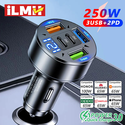 250W 5-in-1 PD QC3.0 Car Charger Fast Charging USB C for IPhone,Samsung Galaxy, IPad Pro, Multi-Port Cigarette Lighter Adapter - Smarsty