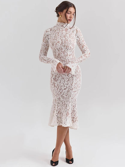 Mozision Lace Long Sleeve Sexy Midi Dress For Women Elegant White Half High Collar High Waist Bodycon Club Party Sexy Long Dress - Smarsty