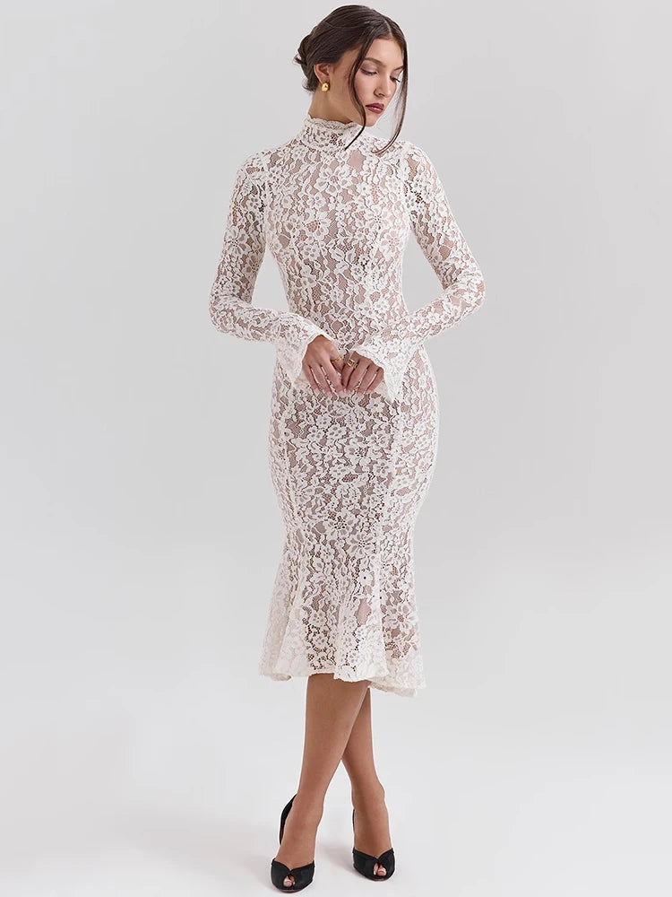 Mozision Lace Long Sleeve Sexy Midi Dress For Women Elegant White Half High Collar High Waist Bodycon Club Party Sexy Long Dress - Smarsty