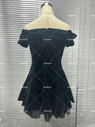 Black French Vintage Elegant Design Woman Dress Gothic Off Shoulder Retro Mini Dress Female Fairy Birthday Party Chic Outfits - Smarsty