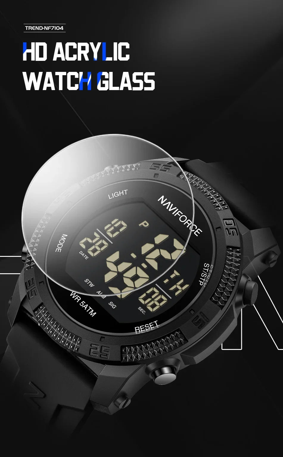 NAVIFORCE NF7104 Men's Waterproof Digital Watch with Alarm - Smarsty