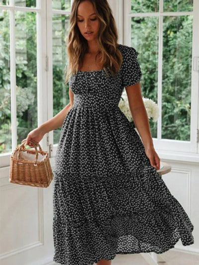 Vestidos Vintage Vintage Print Puff Sleeve summer Beach sweet dresses Casual Square collar floral maxi long dress festa - Smarsty