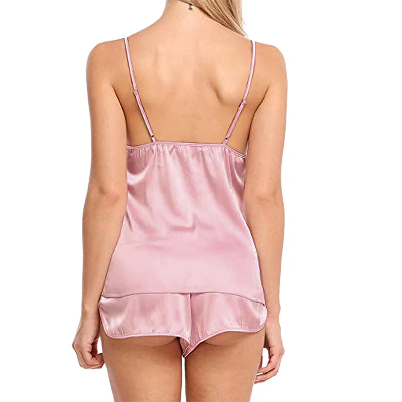 Women Sexy Ice Silky Pajamas Nightclothes Sleepwear Camisole And Shorts Black Gray Comfortable Casual Summer - Smarsty